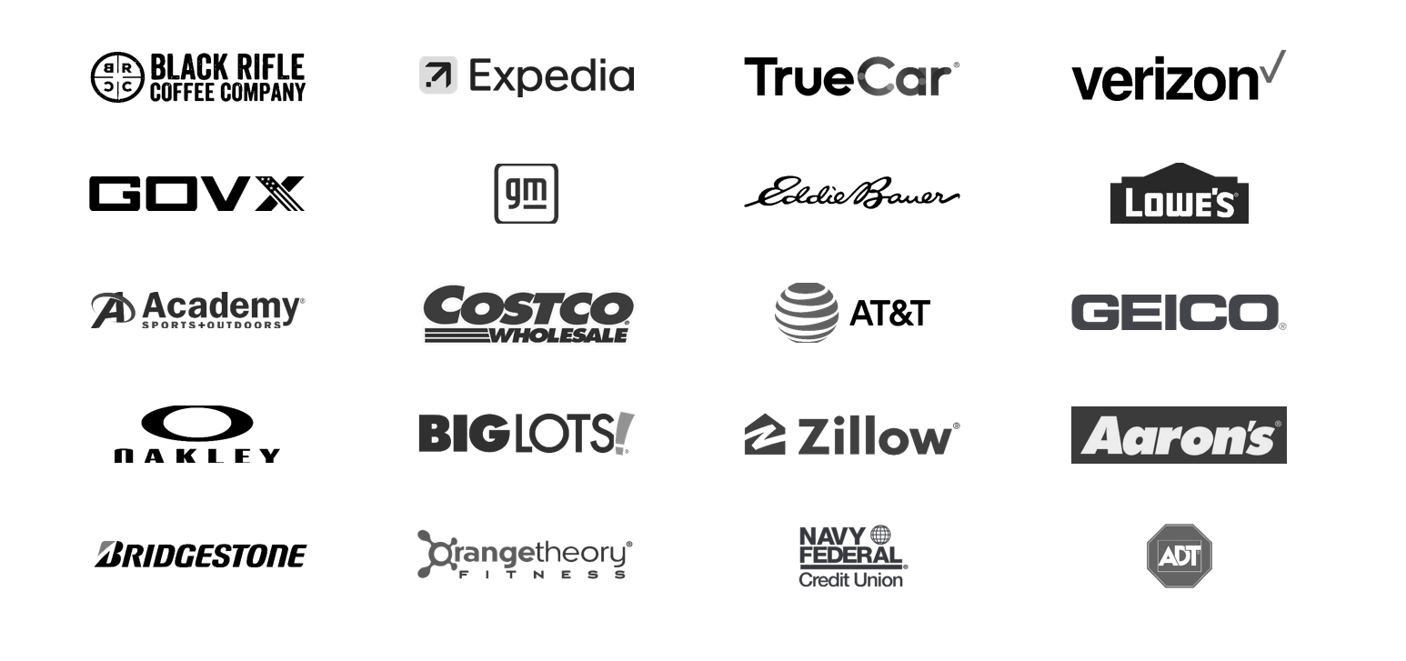 Trusted by Black Rifle Coffee, Expedia, TrueCar, Verizon, GOVX, GM, Lowe's, Costco, AT&T, GEICO, and more